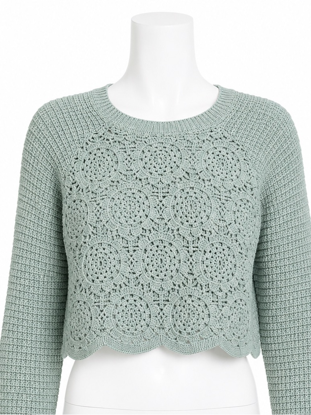 Francesca’s Sage Green Crochet Sweater Top - Scallop Hem